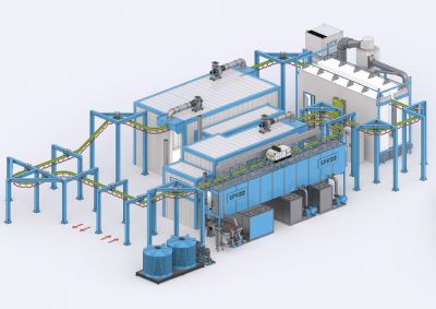 Комплекс оборудования SPK для химической подготовки и порошковой окраски изделий с автоматическим конвейером